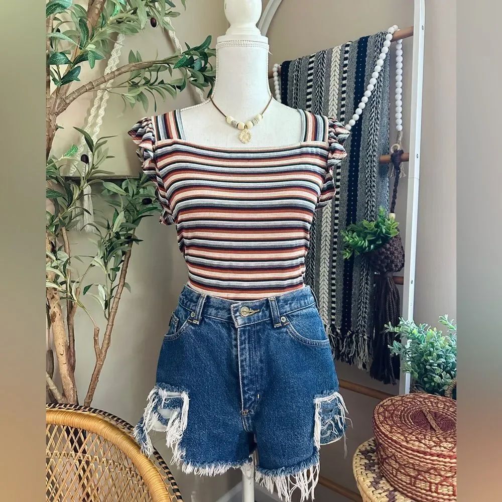 Eri + Ali Burnt Orange/Beige/Gray Striped Ribbed Flutter Sleeve Top